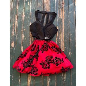 Crystal Doll Red Black Flocked Floral Rose Fit Flare Dress Strappy Back Size 7